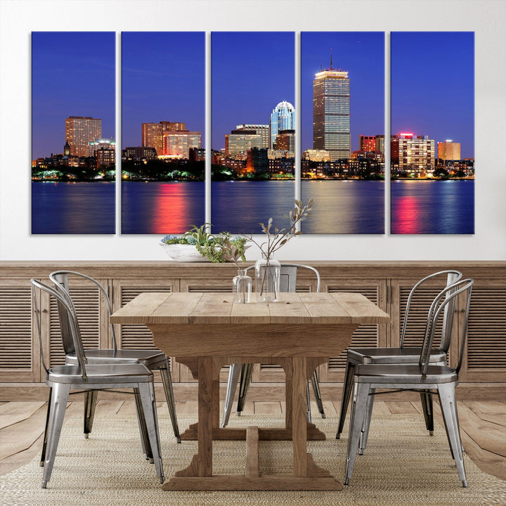 Boston City Lights Reflection Night Purple Skyline Cityscape Wall Art Canvas Print