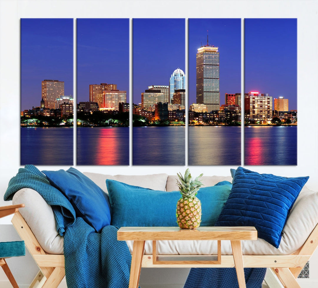 Boston City Lights Reflection Night Purple Skyline Cityscape Wall Art Canvas Print