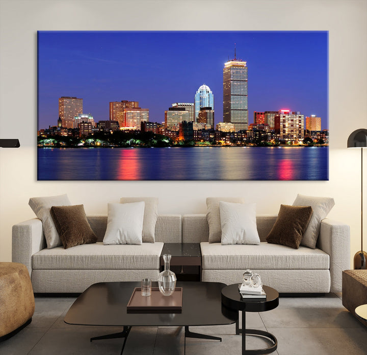 Boston City Lights Reflection Night Purple Skyline Cityscape Wall Art Canvas Print