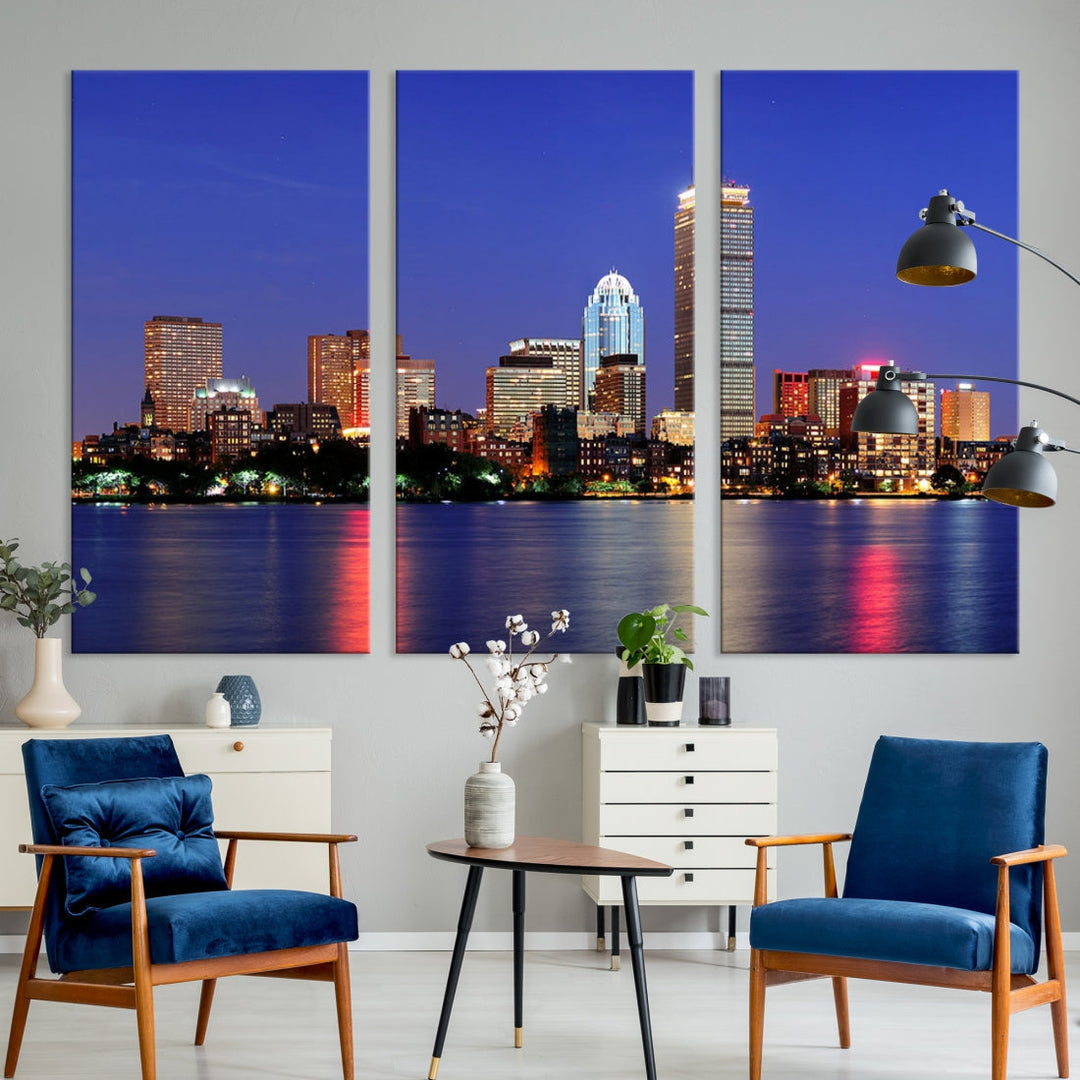 Boston City Lights Reflection Night Purple Skyline Cityscape Wall Art Canvas Print