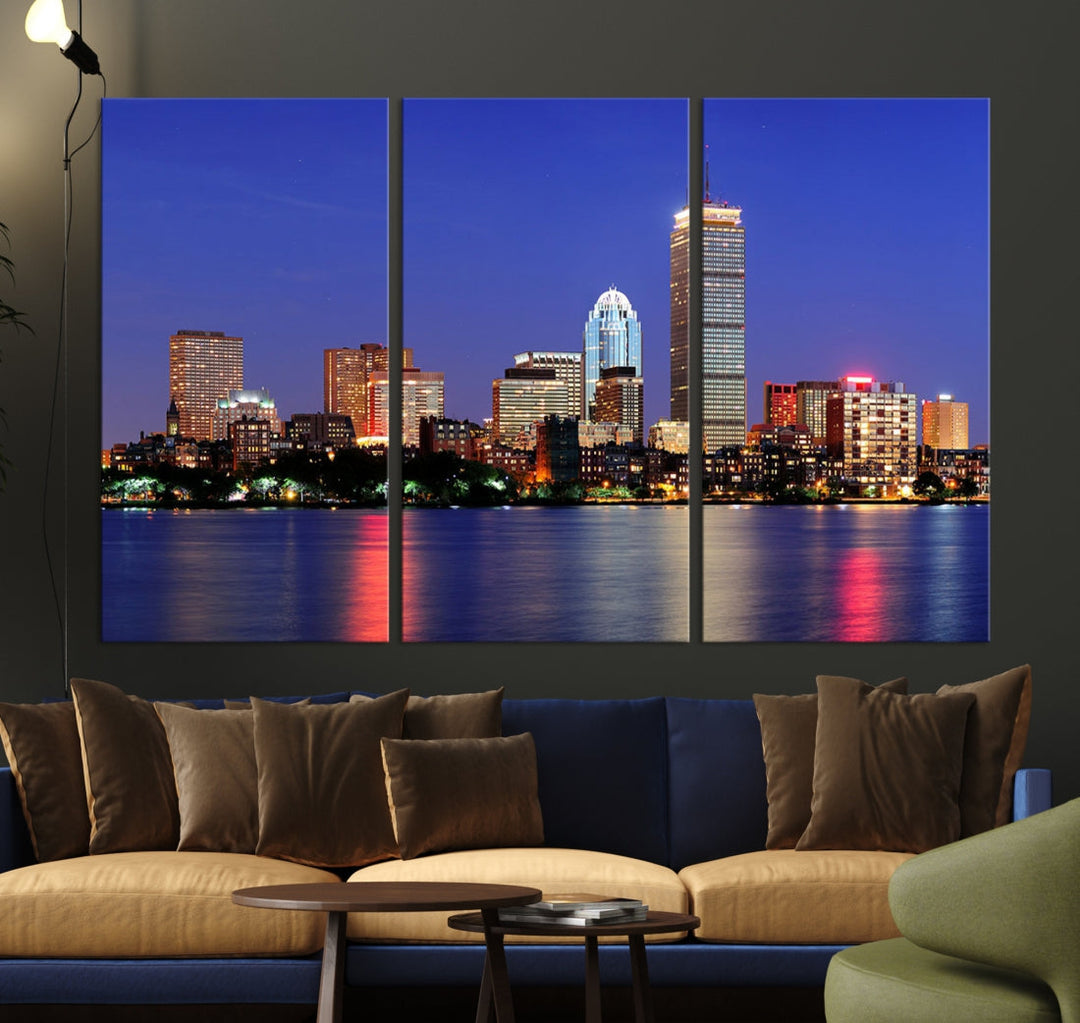 Boston City Lights Reflection Night Purple Skyline Cityscape Wall Art Canvas Print