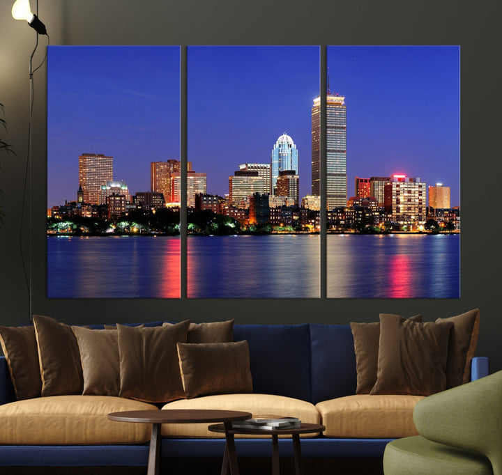 Boston City Lights Reflection Night Purple Skyline Cityscape Wall Art Canvas Print