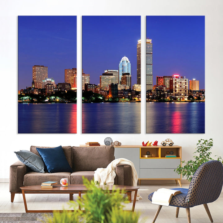 Boston City Lights Reflection Night Purple Skyline Cityscape Wall Art Canvas Print