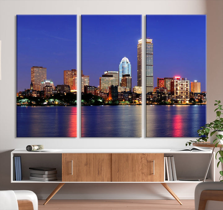 Boston City Lights Reflection Night Purple Skyline Cityscape Wall Art Canvas Print