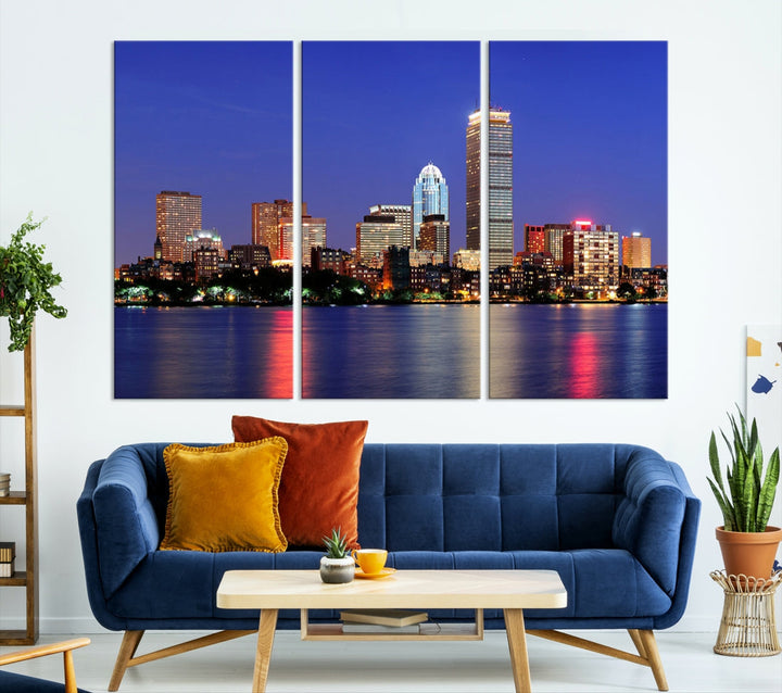 Boston City Lights Reflection Night Purple Skyline Cityscape Wall Art Canvas Print