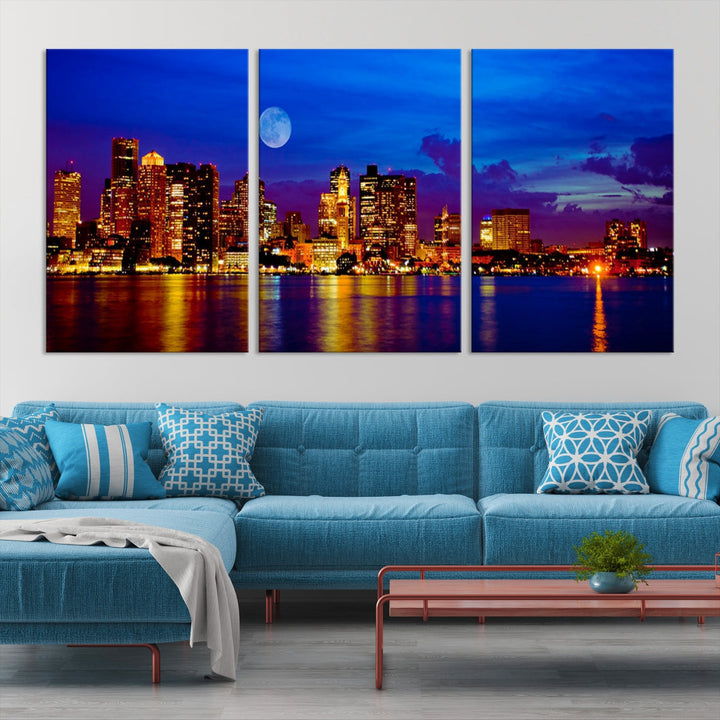 Boston City Skyline Full Moon Night Blue Cityscape Wall Art Canvas Print