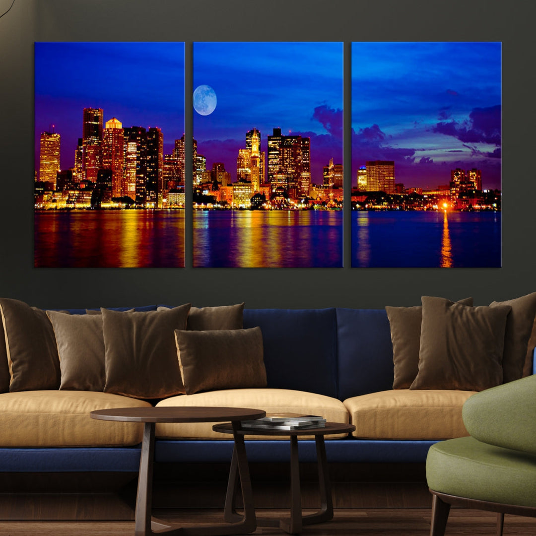 Boston City Skyline Full Moon Night Blue Cityscape Wall Art Canvas Print