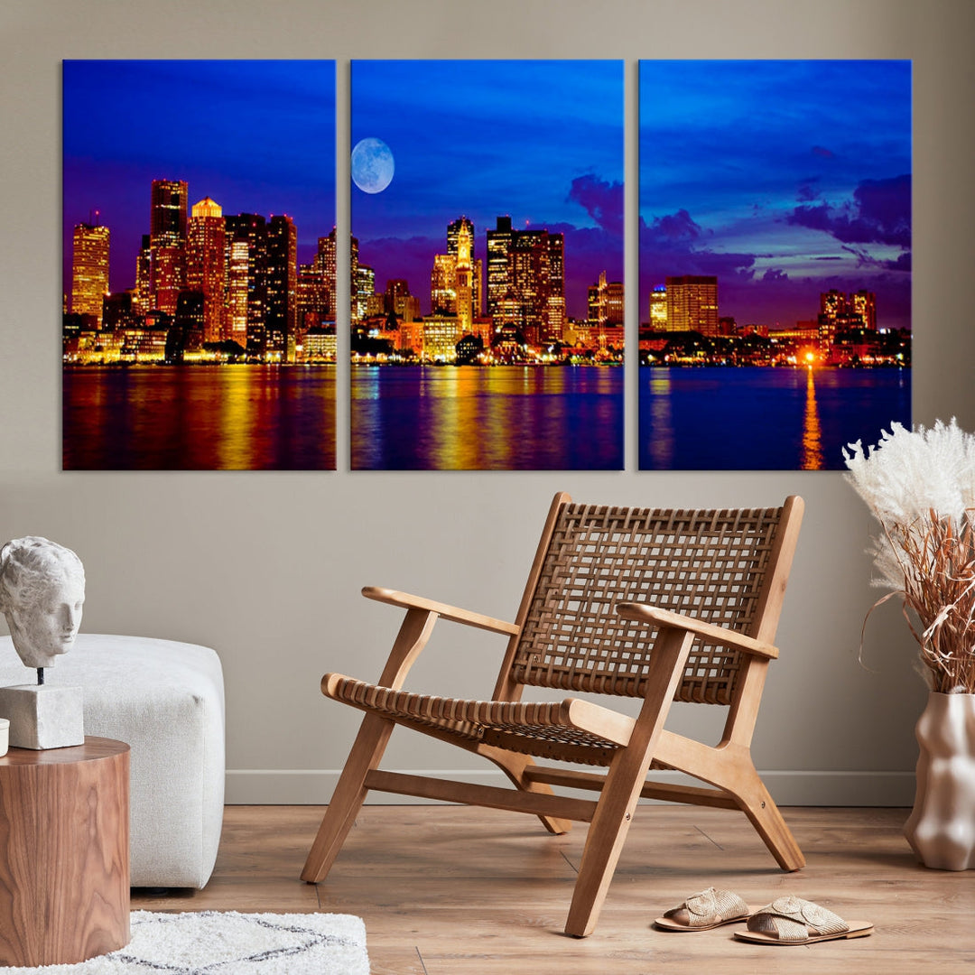 Boston City Skyline Full Moon Night Blue Cityscape Wall Art Canvas Print