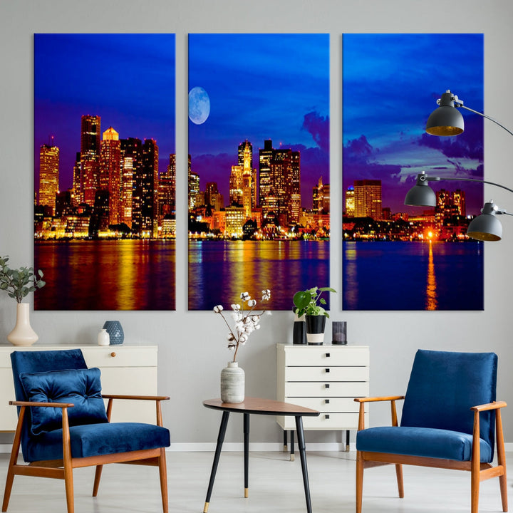 Boston City Skyline Full Moon Night Blue Cityscape Wall Art Canvas Print