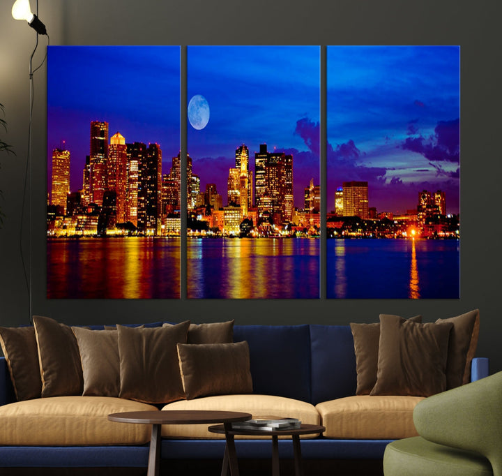 Boston City Skyline Full Moon Night Blue Cityscape Wall Art Canvas Print