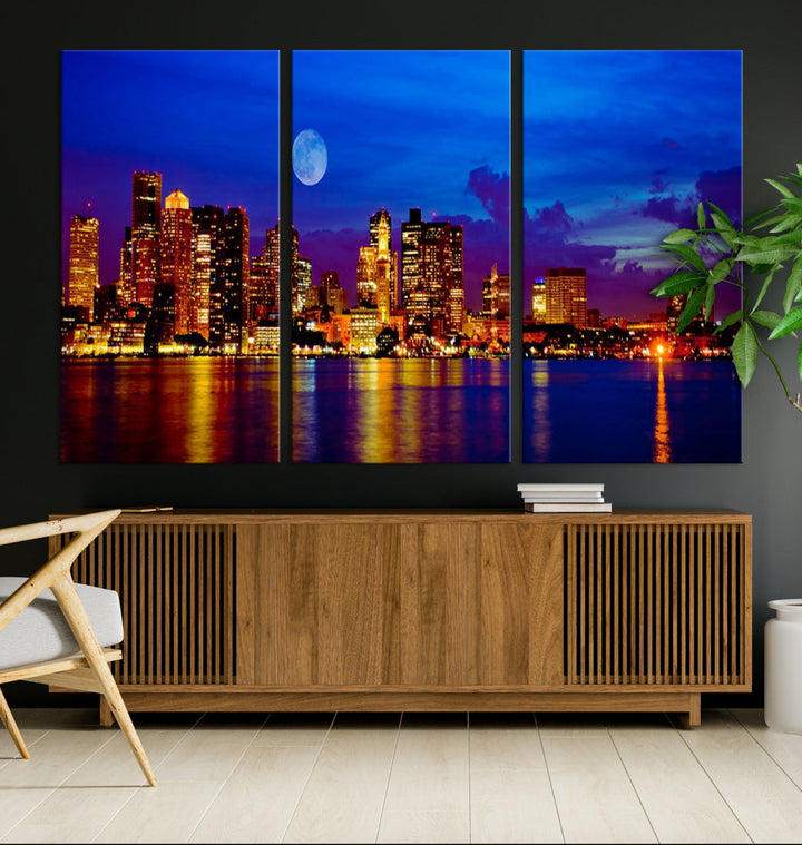 Boston City Skyline Full Moon Night Blue Cityscape Wall Art Canvas Print