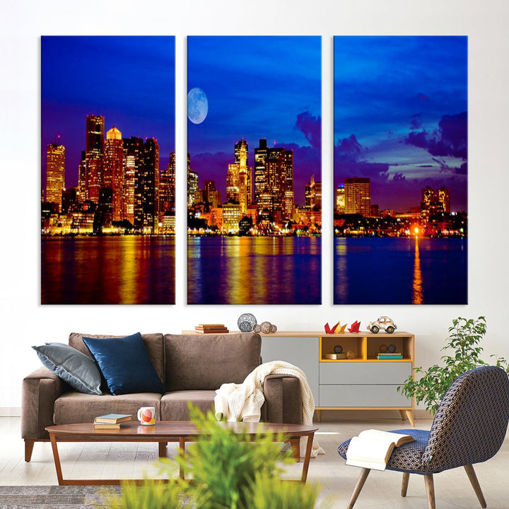 Boston City Skyline Full Moon Night Blue Cityscape Wall Art Canvas Print