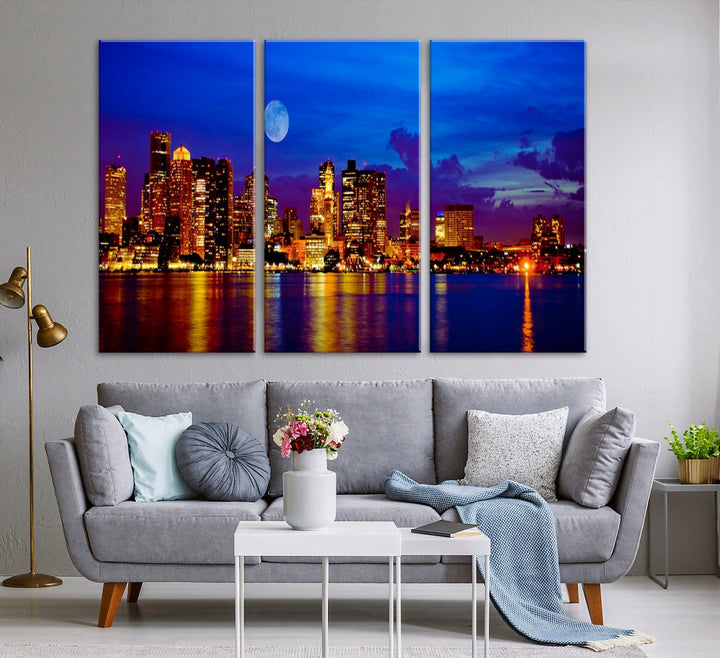 Boston City Skyline Full Moon Night Blue Cityscape Wall Art Canvas Print