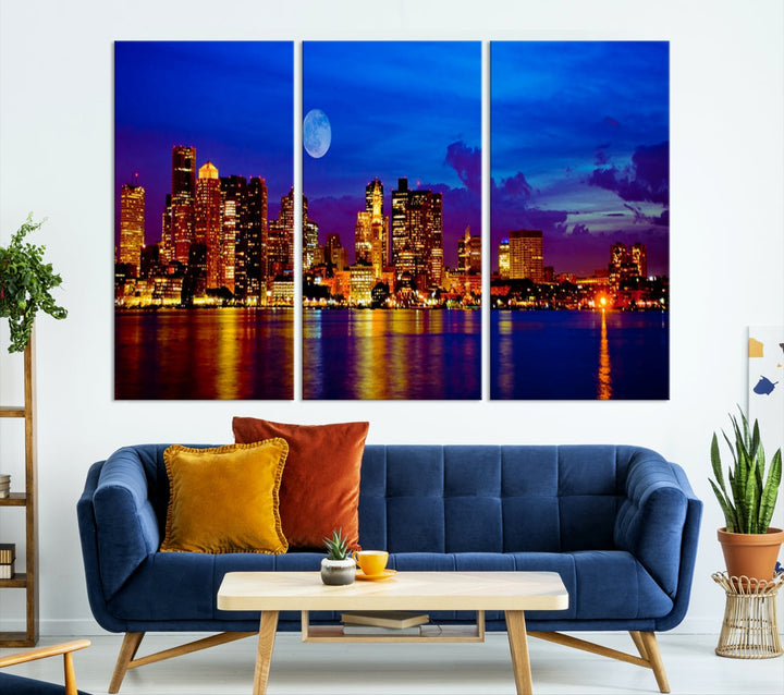 Boston City Skyline Full Moon Night Blue Cityscape Wall Art Canvas Print