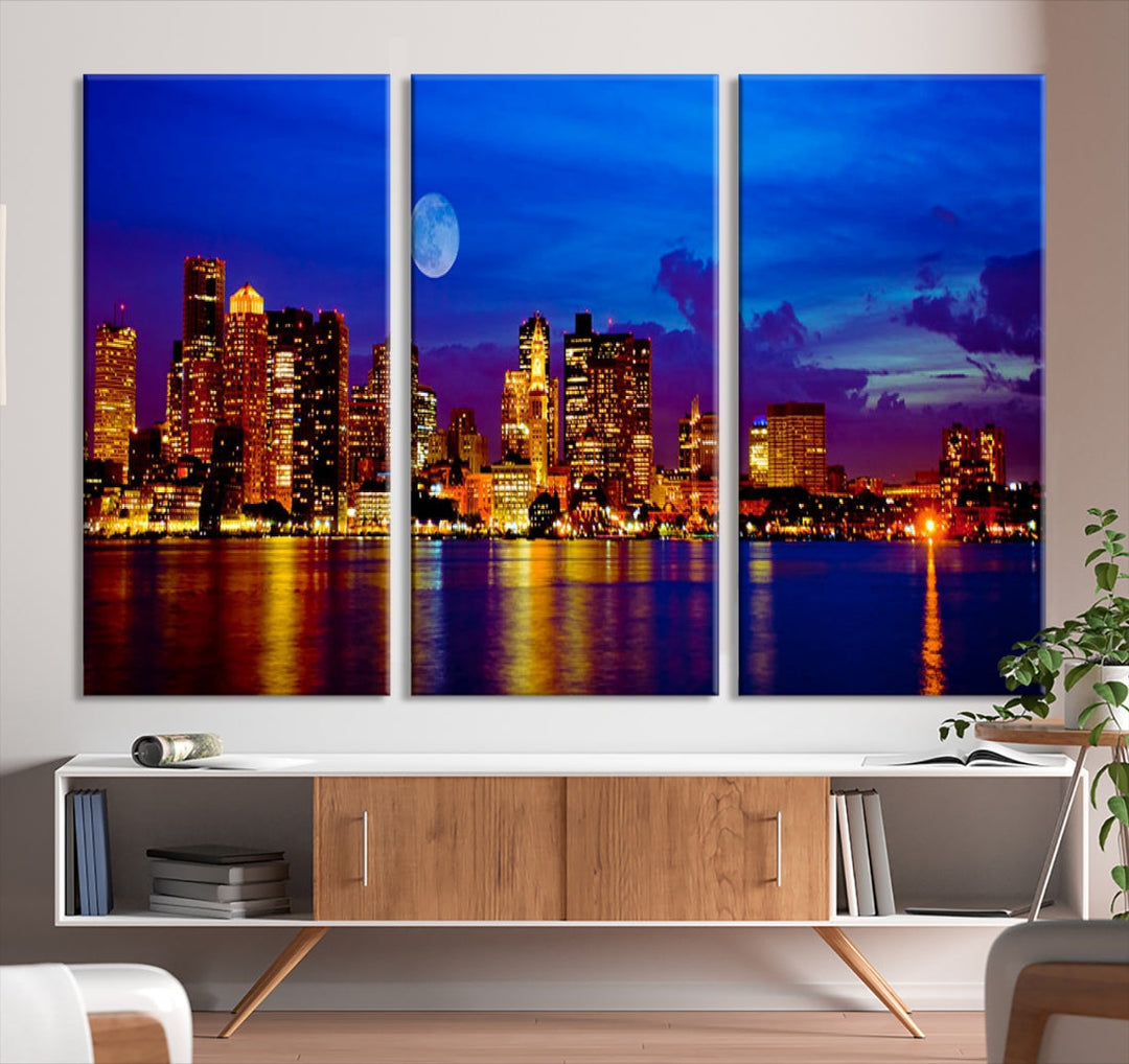 Boston City Skyline Full Moon Night Blue Cityscape Wall Art Canvas Print