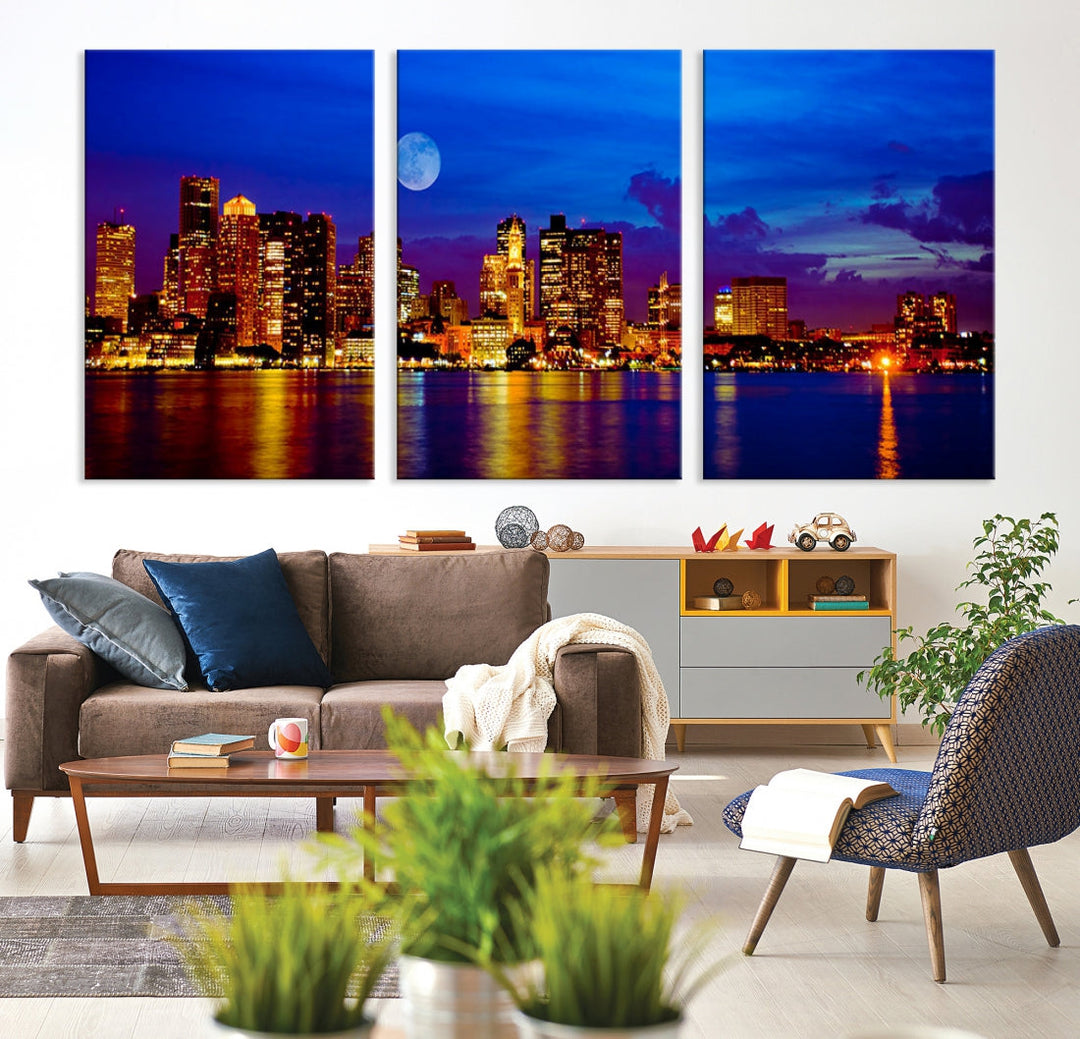 Boston City Skyline Full Moon Night Blue Cityscape Wall Art Canvas Print