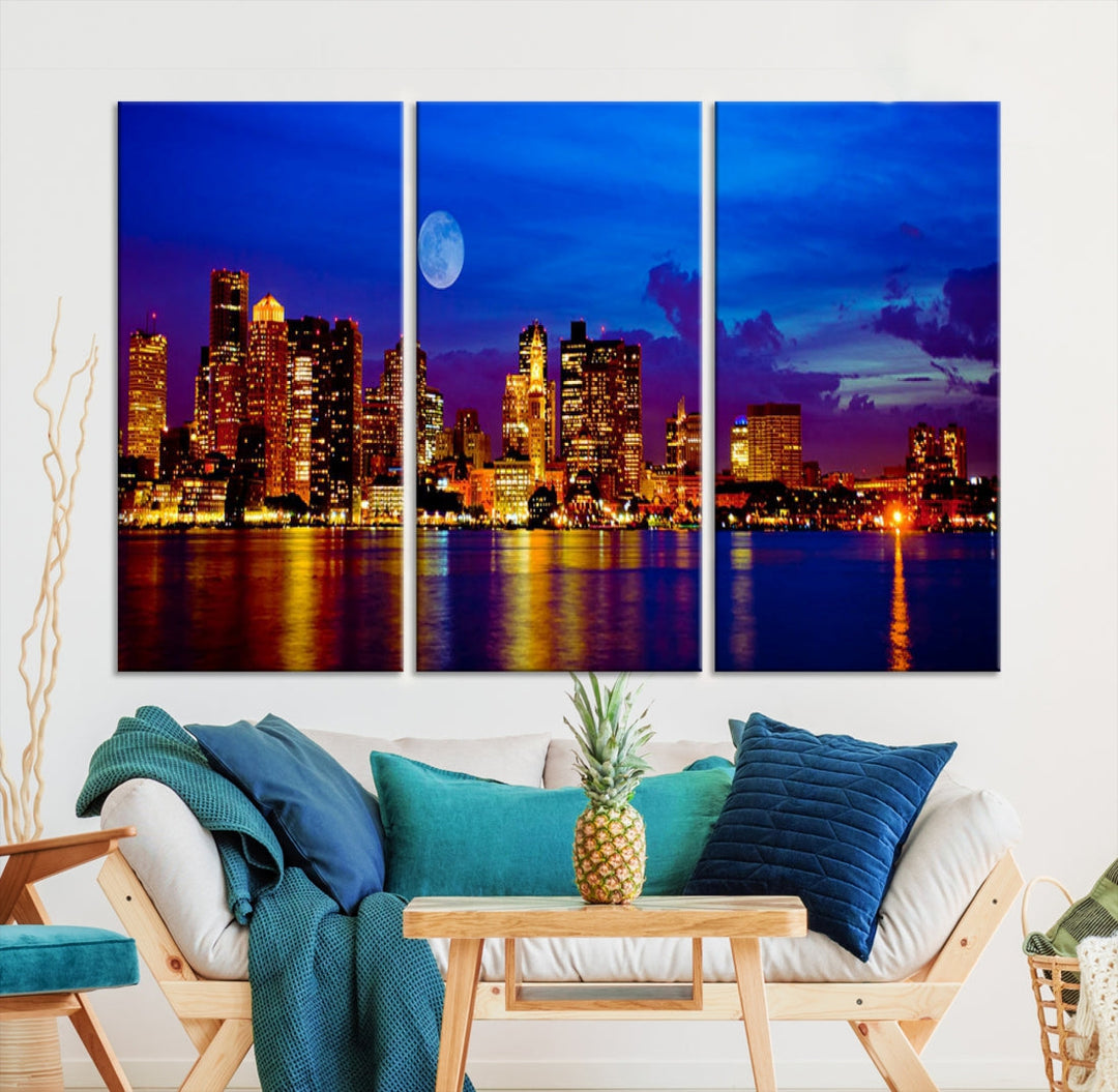 Boston City Skyline Full Moon Night Blue Cityscape Wall Art Canvas Print