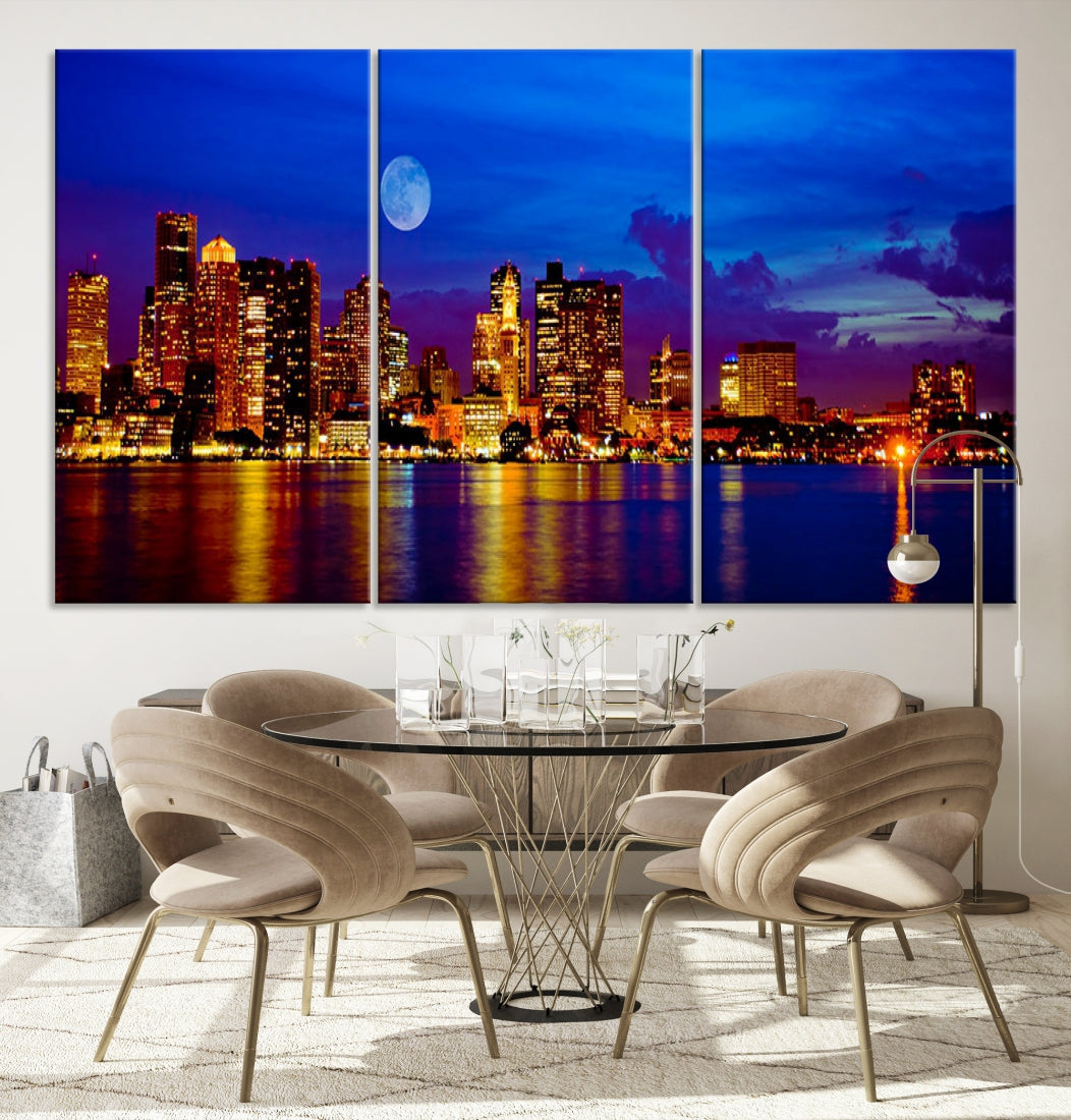 Boston City Skyline Full Moon Night Blue Cityscape Wall Art Canvas Print