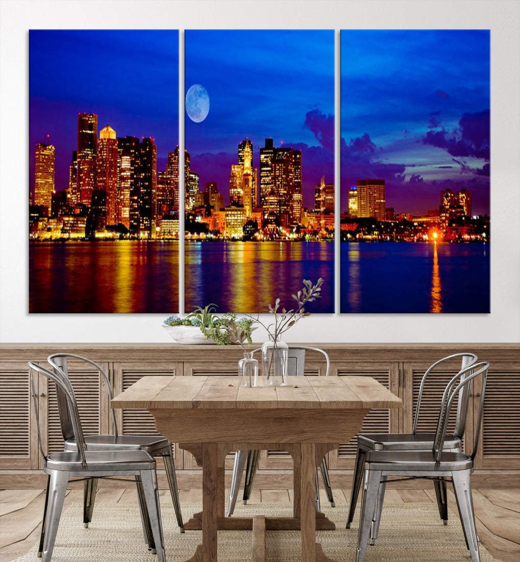 Boston City Skyline Full Moon Night Blue Cityscape Wall Art Canvas Print