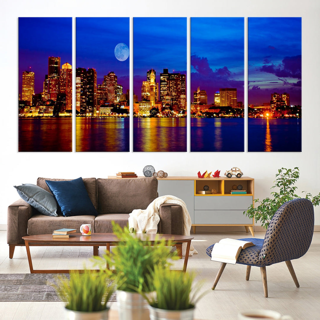 Boston City Skyline Full Moon Night Blue Cityscape Wall Art Canvas Print