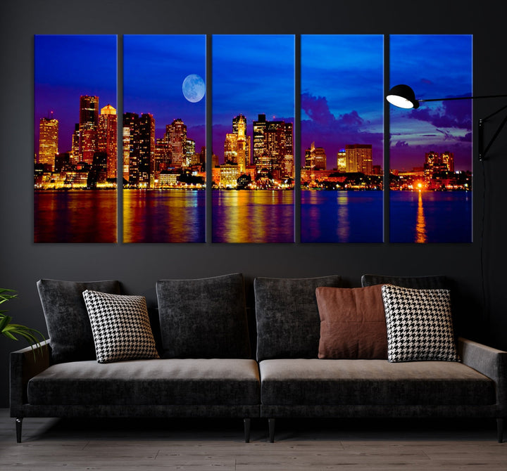 Boston City Skyline Full Moon Night Blue Cityscape Wall Art Canvas Print