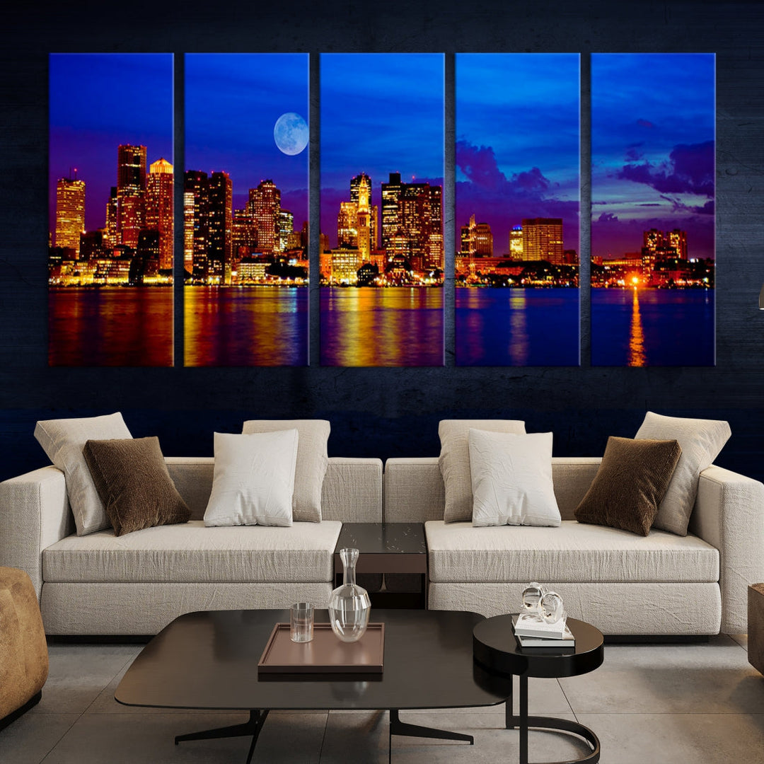 Boston City Skyline Full Moon Night Blue Cityscape Wall Art Canvas Print