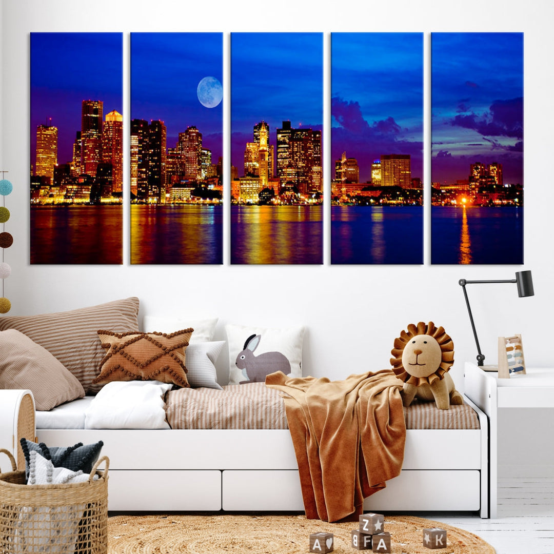 Boston City Skyline Full Moon Night Blue Cityscape Wall Art Canvas Print