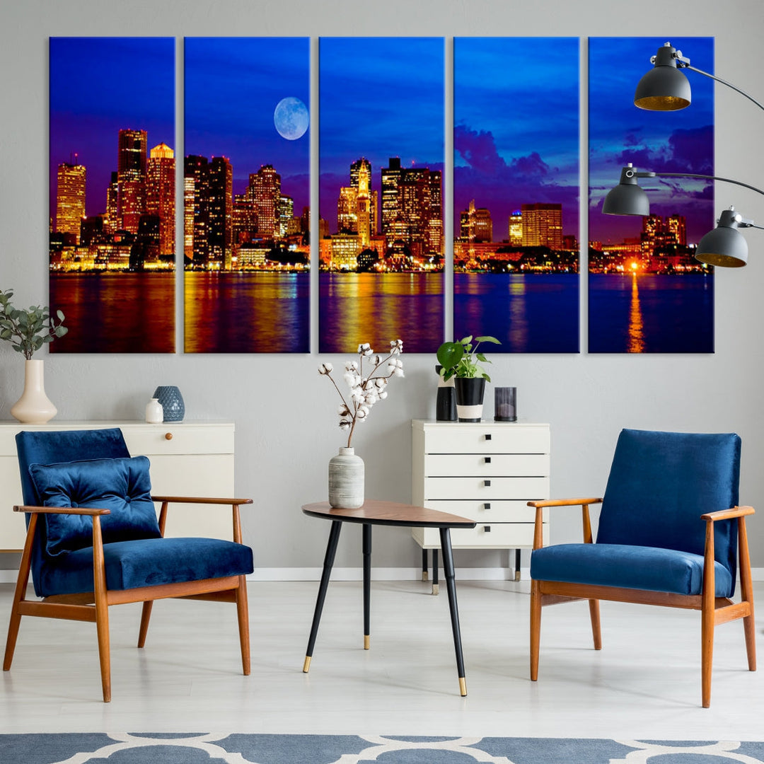 Boston City Skyline Full Moon Night Blue Cityscape Wall Art Canvas Print