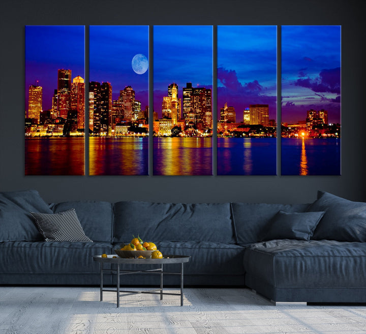 Boston City Skyline Full Moon Night Blue Cityscape Wall Art Canvas Print