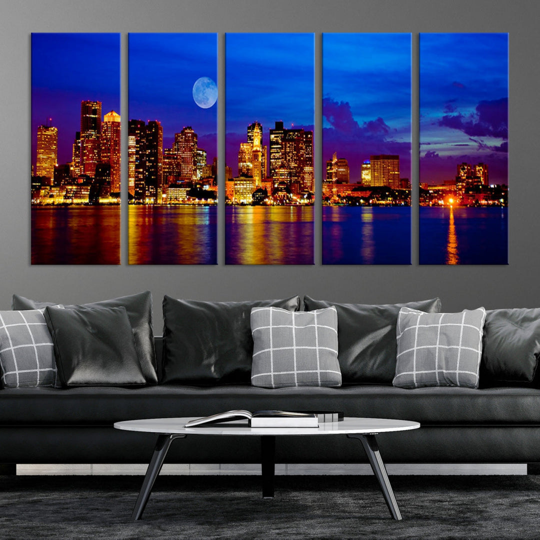 Boston City Skyline Full Moon Night Blue Cityscape Wall Art Canvas Print