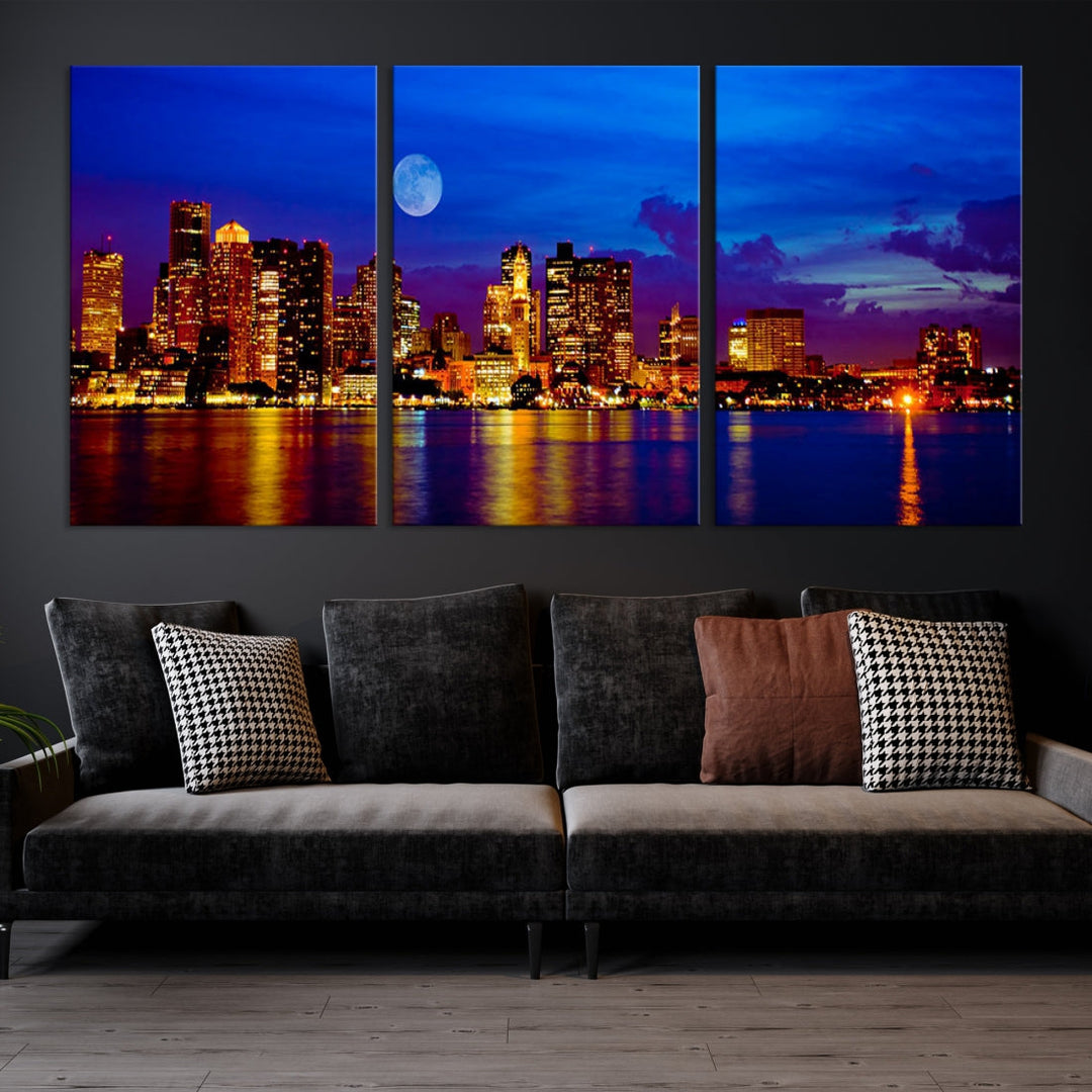 Boston City Skyline Full Moon Night Blue Cityscape Wall Art Canvas Print