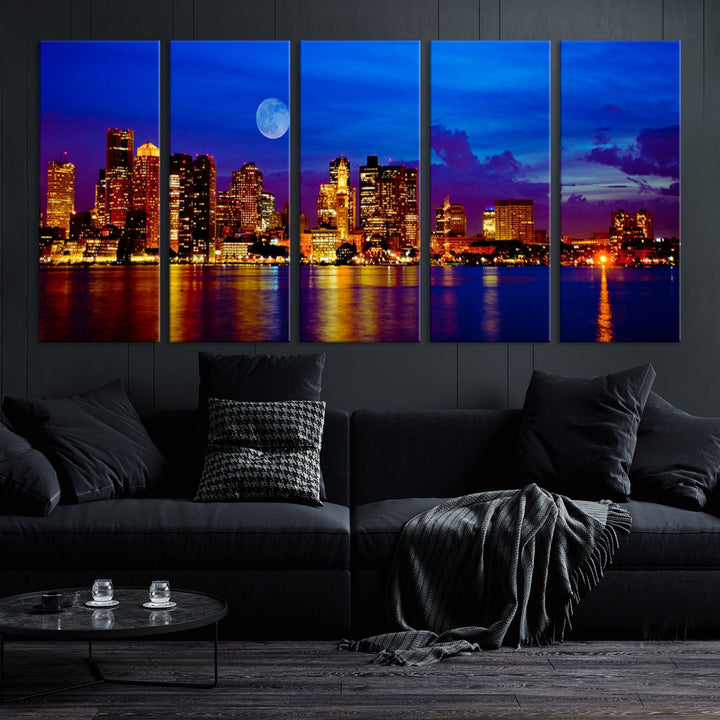 Boston City Skyline Full Moon Night Blue Cityscape Wall Art Canvas Print