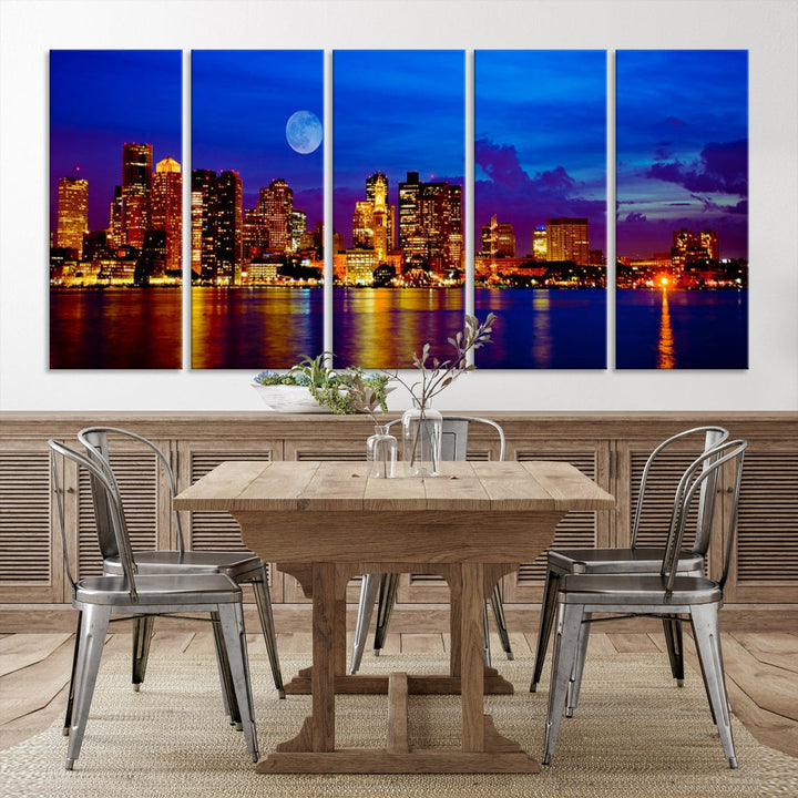 Boston City Skyline Full Moon Night Blue Cityscape Wall Art Canvas Print