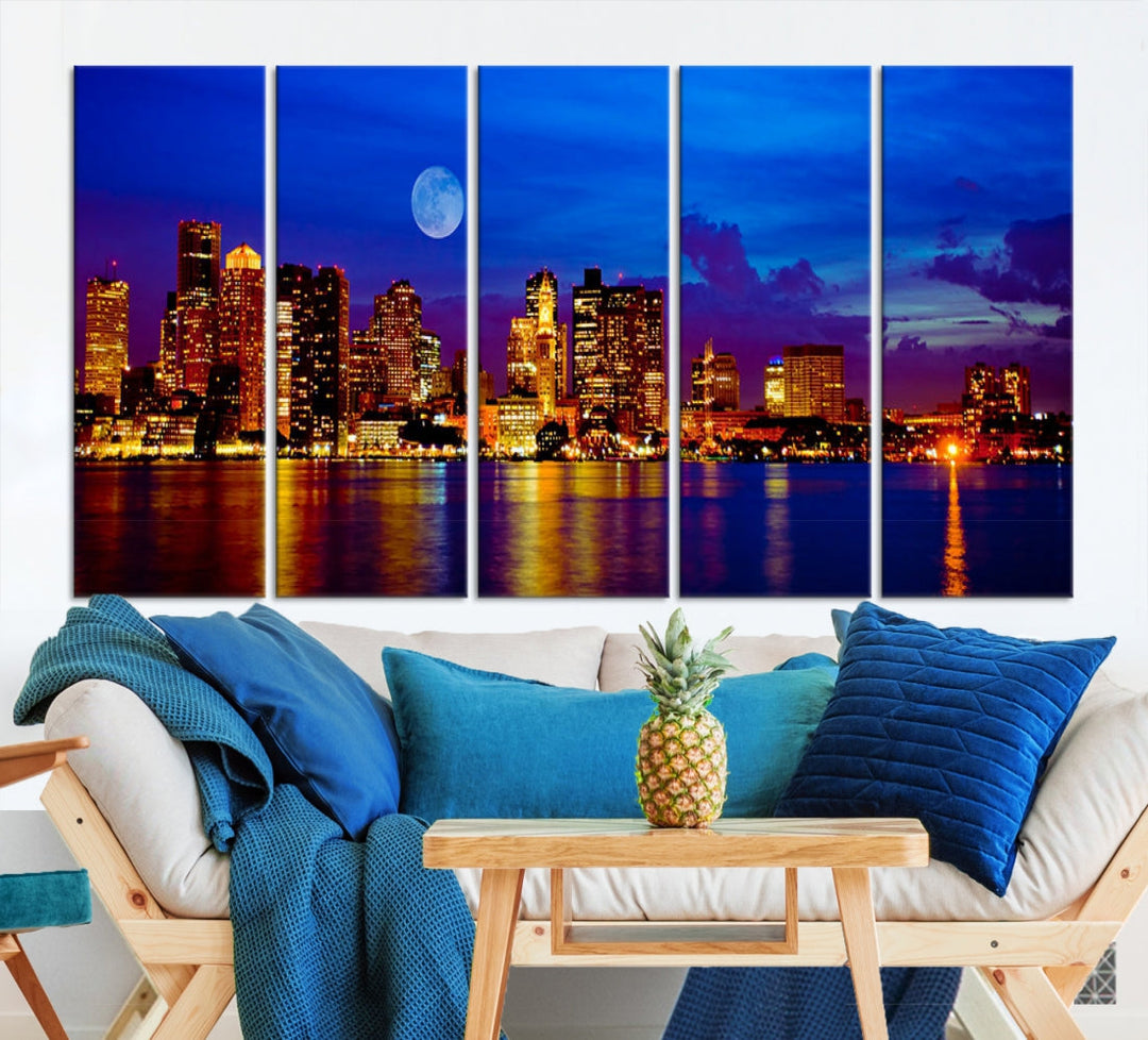 Boston City Skyline Full Moon Night Blue Cityscape Wall Art Canvas Print