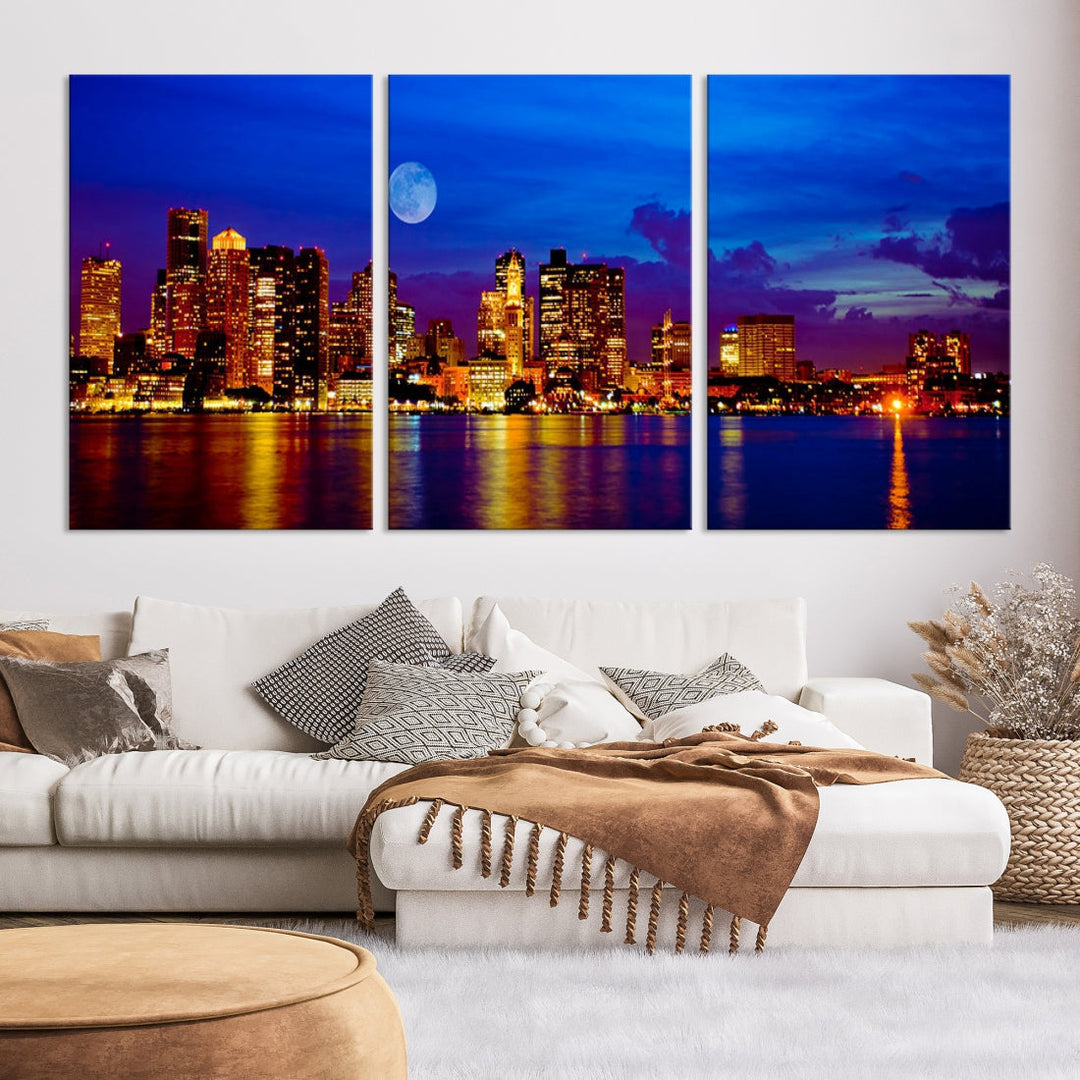 Boston City Skyline Full Moon Night Blue Cityscape Wall Art Canvas Print