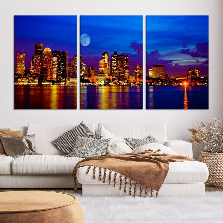 Boston City Skyline Full Moon Night Blue Cityscape Wall Art Canvas Print