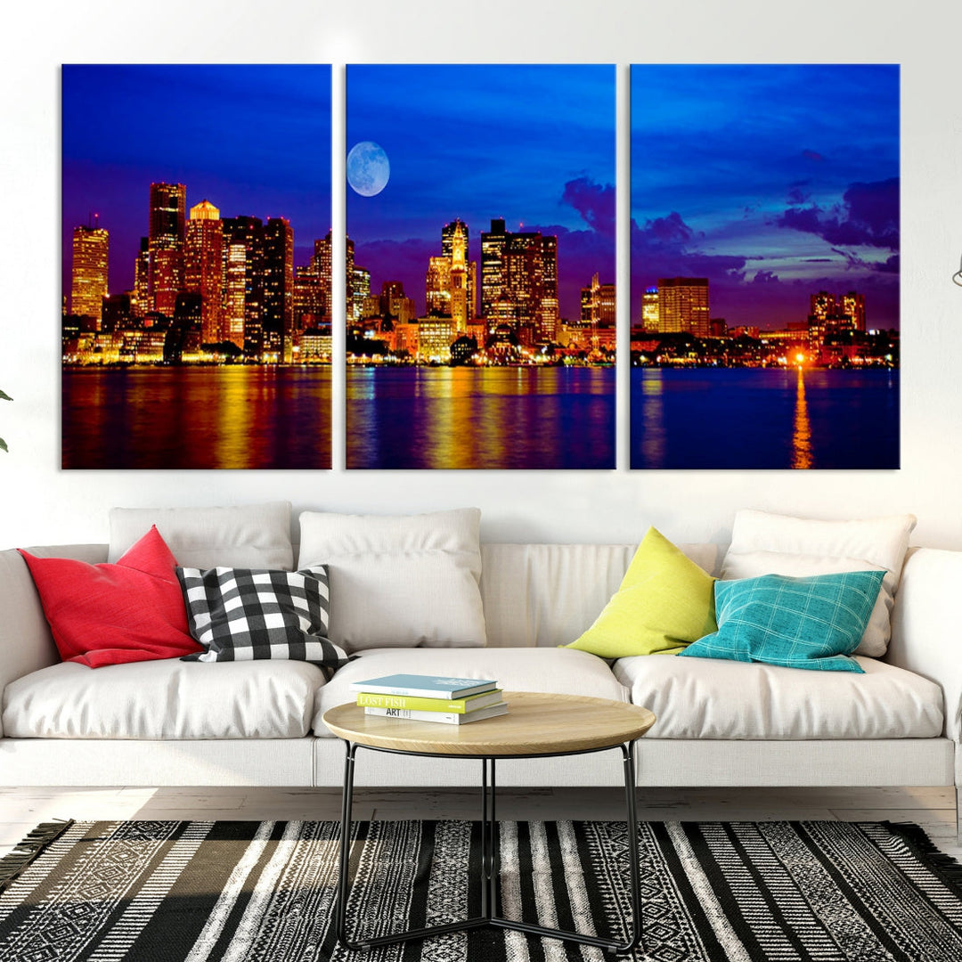 Boston City Skyline Full Moon Night Blue Cityscape Wall Art Canvas Print