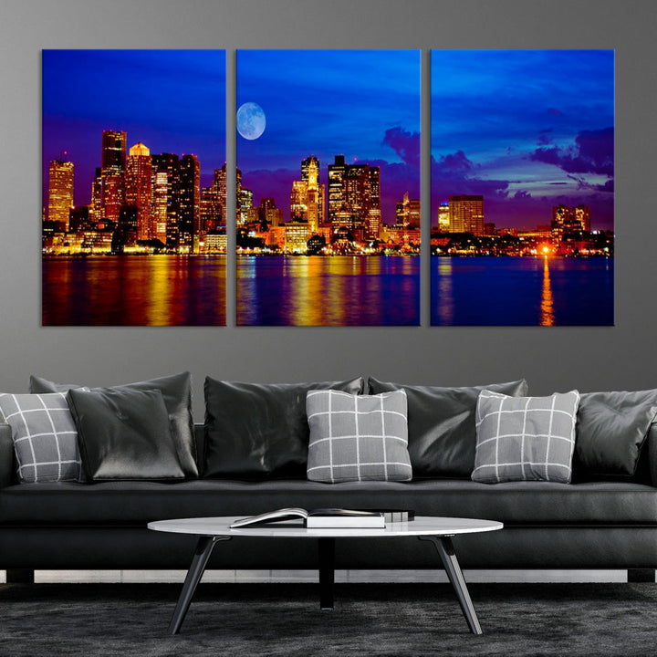 Boston City Skyline Full Moon Night Blue Cityscape Wall Art Canvas Print