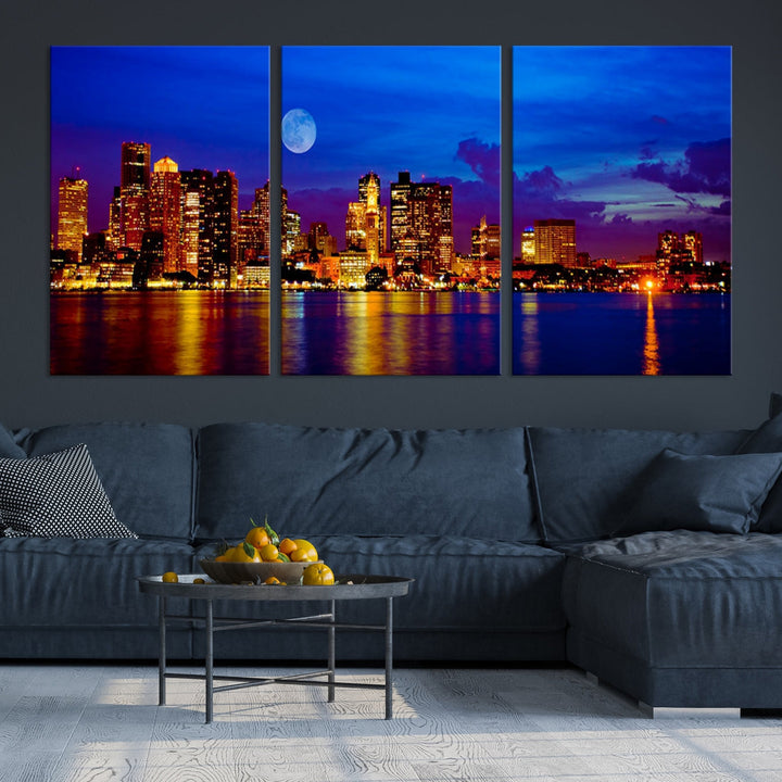 Boston City Skyline Full Moon Night Blue Cityscape Wall Art Canvas Print