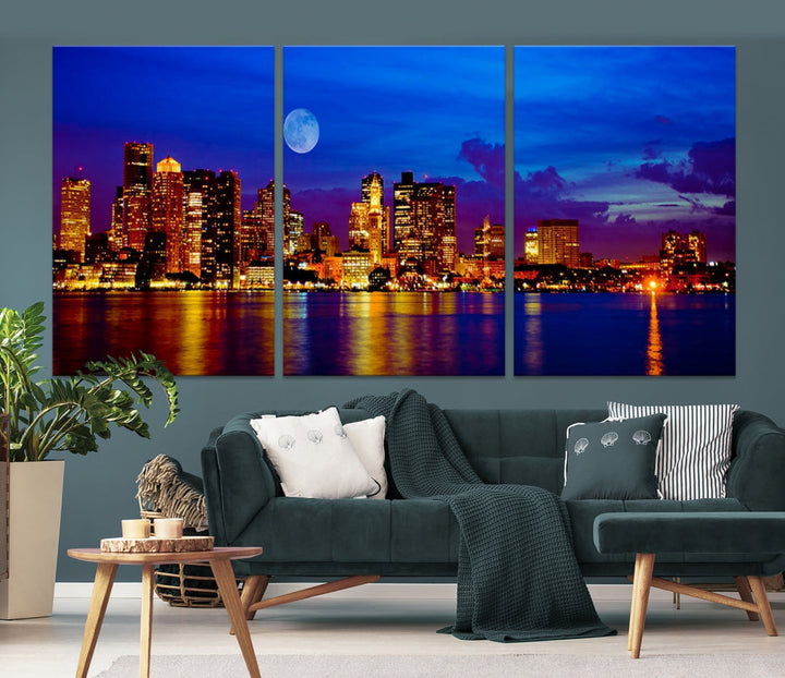 Boston City Skyline Full Moon Night Blue Cityscape Wall Art Canvas Print