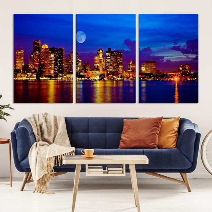 Boston City Skyline Full Moon Night Blue Cityscape Wall Art Canvas Print