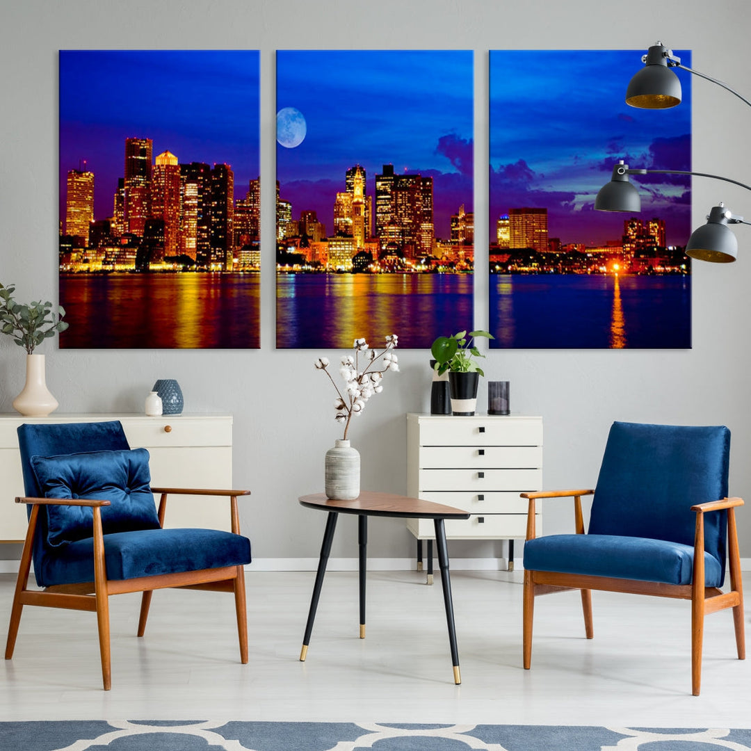 Boston City Skyline Full Moon Night Blue Cityscape Wall Art Canvas Print