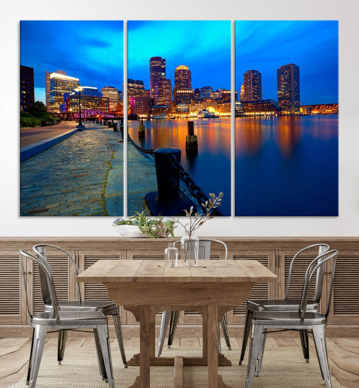 Boston Downtown Night Skyline Picture Canvas Wall Art Print