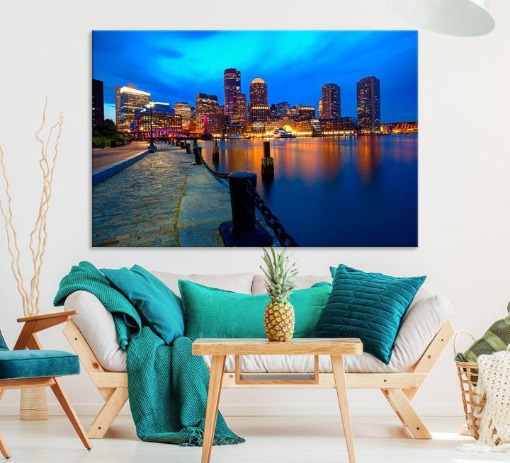 Boston Downtown Night Skyline Picture Canvas Wall Art Print