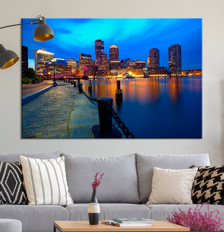 Boston Downtown Night Skyline Picture Canvas Wall Art Print