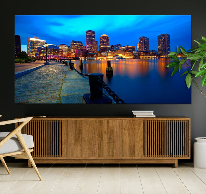 Boston Downtown Night Skyline Picture Canvas Wall Art Print