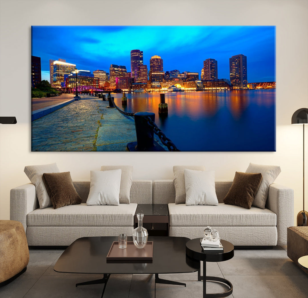 Boston Downtown Night Skyline Picture Canvas Wall Art Print