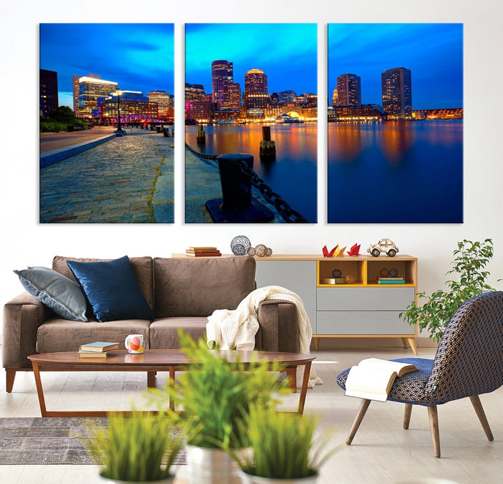 Boston Downtown Night Skyline Picture Canvas Wall Art Print