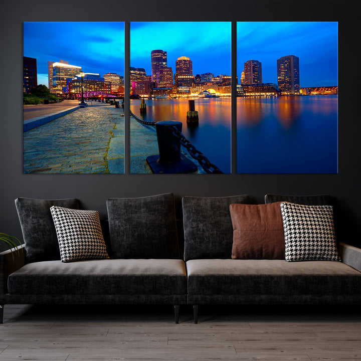 Boston Downtown Night Skyline Picture Canvas Wall Art Print