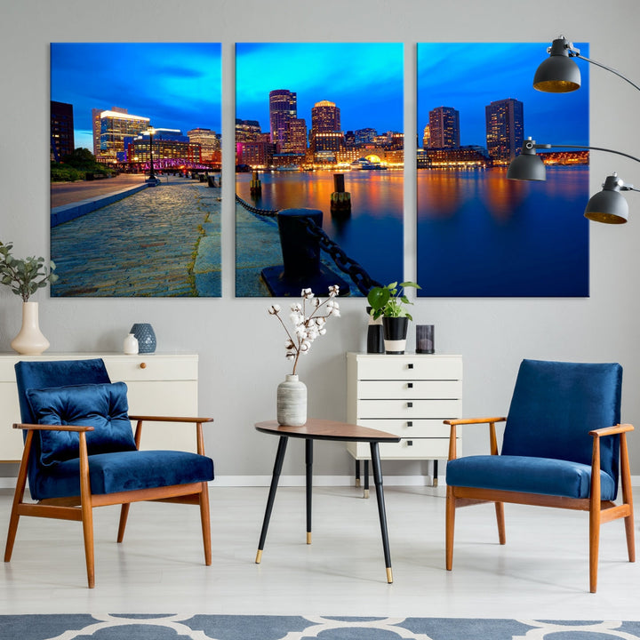 Boston Downtown Night Skyline Picture Canvas Wall Art Print